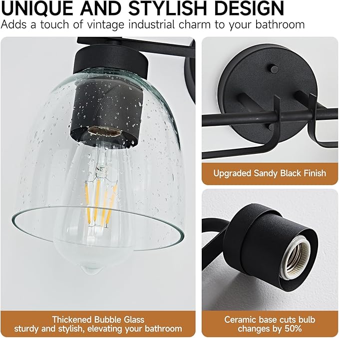 16 Inch Vanity Lights, 2-Light Black Modern Industrial Bathroom Light Fixtures with Bell Bubble Glass Shade, Wall Sconce for Bathroom Mirror, Bedroom, Hallway (2 Pack)
