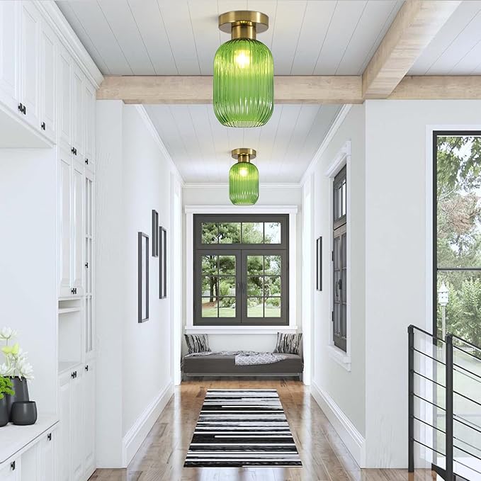 BOKT Globe Glass Ceiling Light Fixture Vintage Semi Flush Mount Ceiling Light Modern Classic Green Open Glass Shade Ceiling Hanging Light Fixtures for Bedroom Living Dining Room