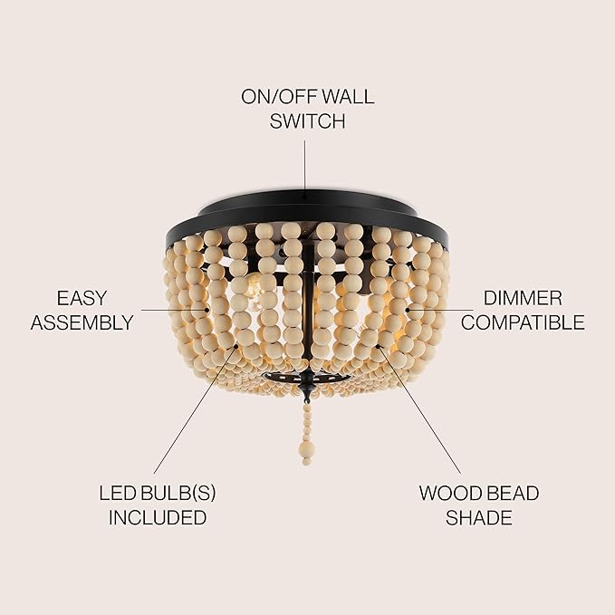 JONATHAN Y 10" Black/Cream Allison 2-Light LED Flush Mount Ceiling Light for Bedroom, Wood Beaded Shade Shabby Chic Farmhouse Rustic Decor, LED Bulbs Included (JYL9074B)