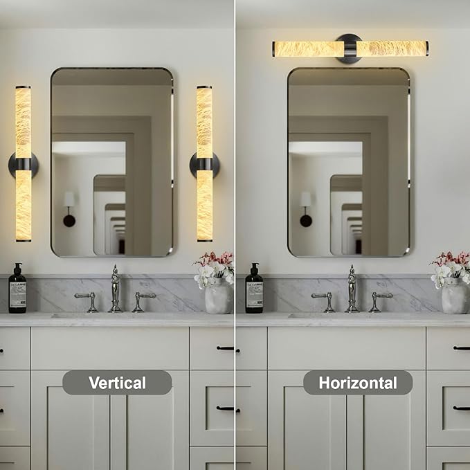 Alabaster Wall Sconces, 24" Black Wall Sconce, Cylinder Natural Spanish Marble Sconces Wall Lighting, Modern Dimmable Wall Lights for Living Room Bedroom Bathroom Hallway Stairs
