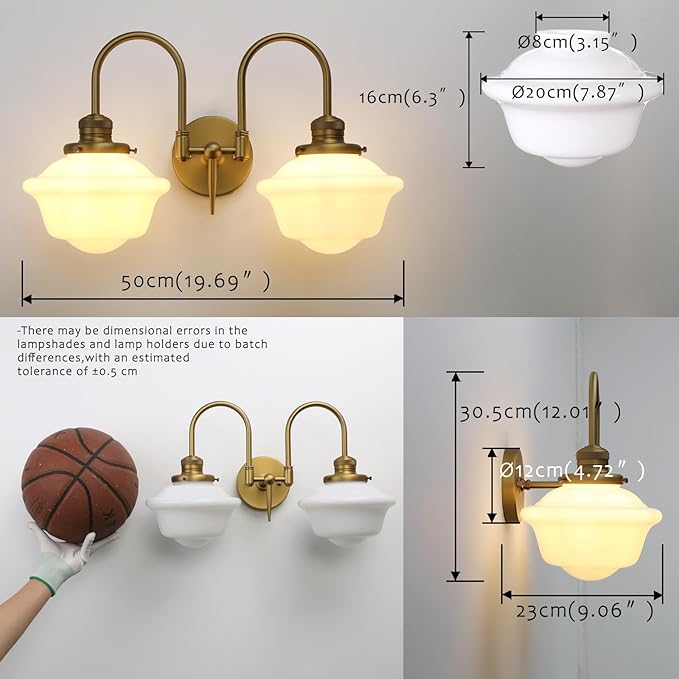 Pathson Vintage Milk White Wall Sconces, 2-Lights Hardwired Glass Bathroom Vanity Light Double Metal Curved Arms, Wall Painting Sconce Lamps Decor for Mirror, Living Room, Loft, Stairwell, Foyer