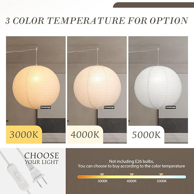 Paper Lantern Lamp Plug in Hanging Lamp, 20in White Rice Paper Pendant Light with 19.7FT Cord Large Globe Japanese Japandi Wabi Sabi Chandelier for Dining Living Room Bedroom Office 2 Pack