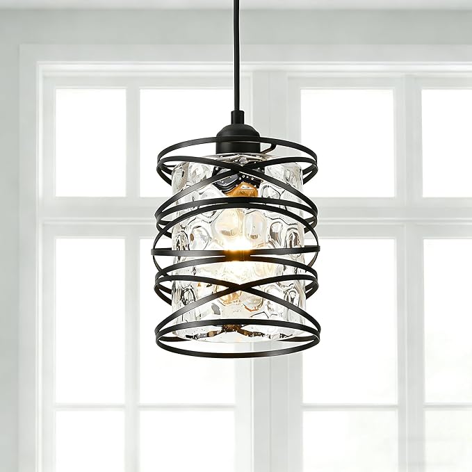 Hammered Glass Pendant Light, Black Metal Spiral Cage Hanging Lamp, Adjustable Height Modern Hanging Light Fixture for Kitchen Island, Dining Room, Living Room, Hallway, Entryway