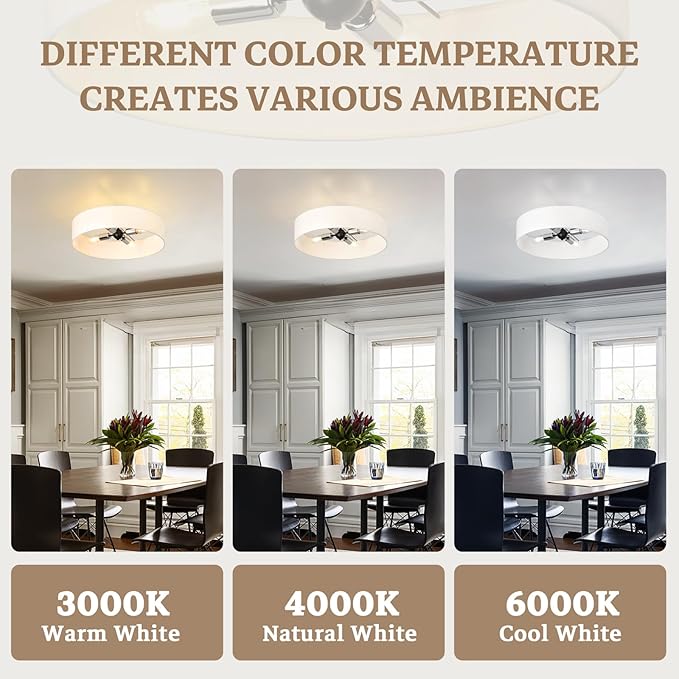 20 Inch Semi Flush Mount Ceiling Lights, Modern Sputnik Chandeliers,4-Light Farmhouse Black and Silver Ceiling Light Fixture with White Fabric Shade, Drum Light Fixtures for Bedroom,Living Room
