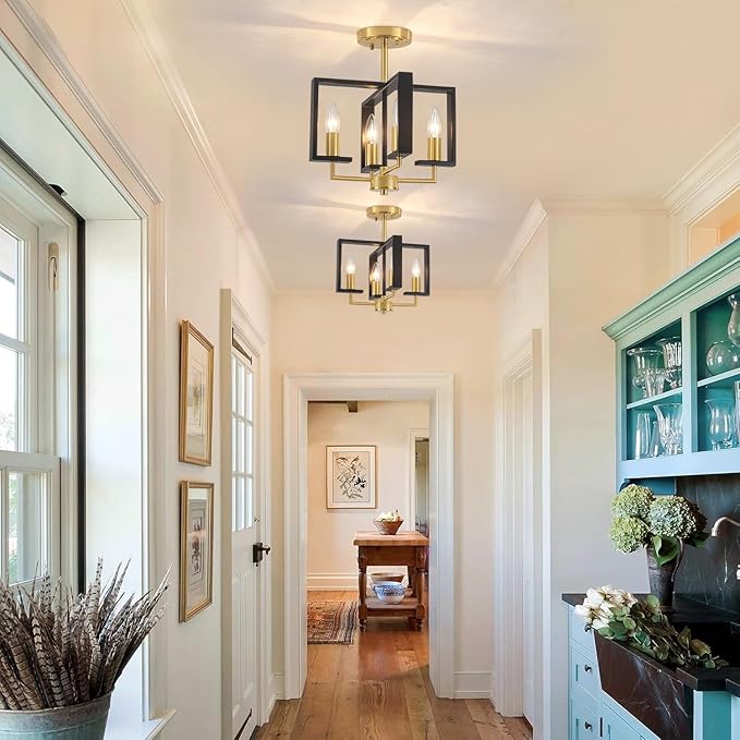 TOULMJ 4-Light Semi Flush Ceiling Light, Black Gold Ceiling Light Fixture, Farmhouse Light Fixture for Kitchen Island Hallway Entryway Laundry Room Bedroom