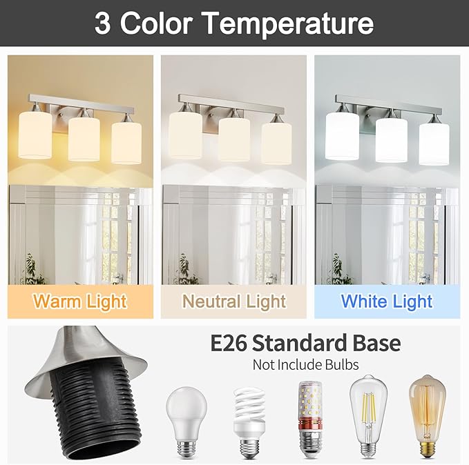 ZHU YAN Brushed Nickel Vanity Light,3 Light Bathroom Lighting Fixtures Over Mirror,Milky White Glass Shades Wall Sconces,Vanity Lights Fixtures for Mirror Bedroom Hallway E26 Socket