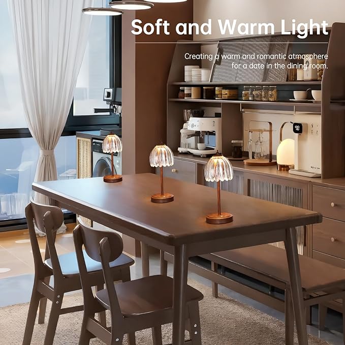 Shenmoyl Tulip Table Lamp with 5200mAh Battery & Touch Control, Small Cordless Table Lamp with 3 Colors, Rechargeable Battery Operated Table Lamps for Bedroom, Desk, Bedside (Transparent-Walnut Color)