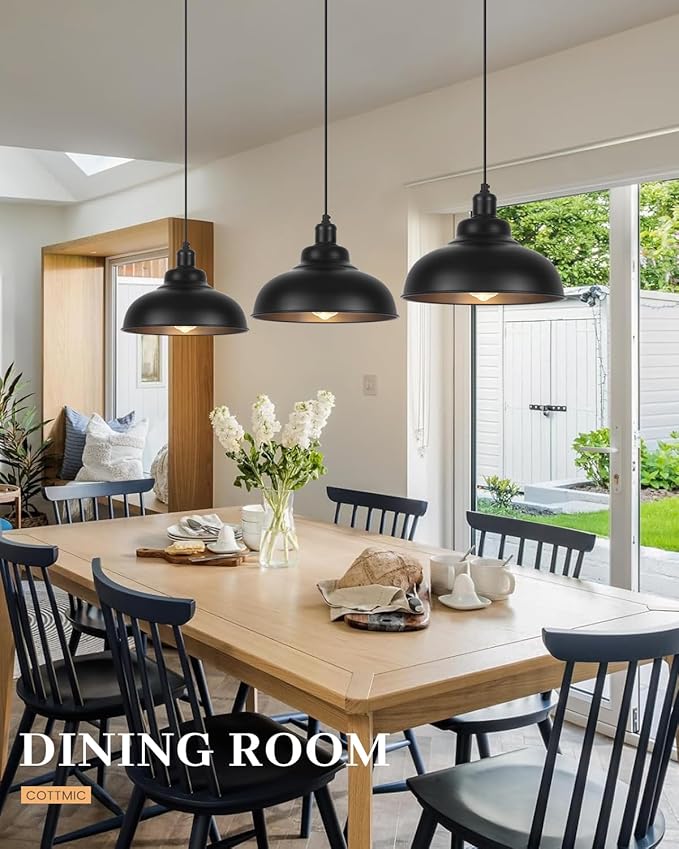 Black Dome Pendant Light 3 Pack, Farmhouse Pendant Lights Kitchen Island, 11.4’’ Industrial Metal Pendant Light Fixtures, Pendant Lighting for Dining Room Hallway Bar, Adjustable Height