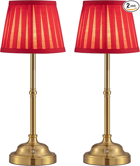 KDG Cordless LED Table Lamp Set of 2, Portables Fabric Shade Desk Lamps, 4000mAh Rechargeable Battery Powered Lighting, Dimmable Light for Dining Room, Bedroom, Bedside, Night Light, Balcony (Red)