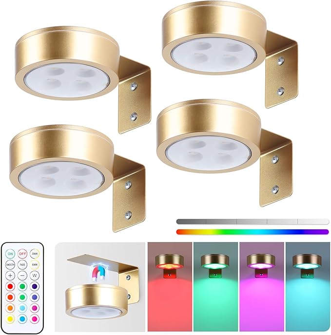 4-Pack Picture Light Battery Operated Painting Lights, 13 Color RGB Magnetic LED Display Art Light with Remote, Dimmable and Timer Portrait Light for Art Frame Artworking, Wall Decor Puck Light, Gold