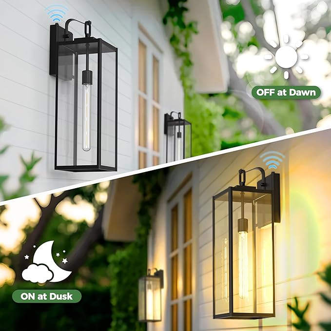 DORESshop 20 Inch Large Size Dusk to Dawn Outdoor Wall Lights, Matte Black Waterproof Anti-Rust Outdoor Light Fixtures Wall Mount with Clear Glass Shade for Porch, with T30 Light Bulbs, 2 Pack