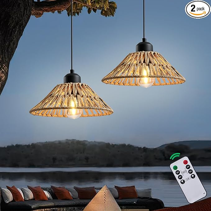 HuixuTe Battery Operated Hanging Outdoor Chandelier, Gazebo Lights Outdoor Pendant Light with Remote Control,4*AA Battery Powered (Not Included), for Gazebo, Porch, Patio Decor-2 Pack