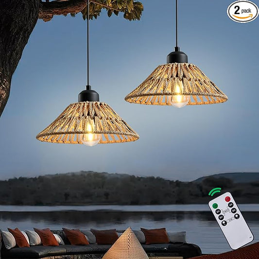HuixuTe Battery Operated Hanging Outdoor Chandelier, Gazebo Lights Outdoor Pendant Light with Remote Control,4*AA Battery Powered (Not Included), for Gazebo, Porch, Patio Decor-2 Pack