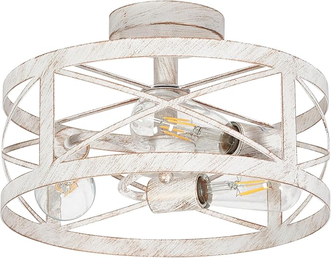 Rustic 3-Light Semi-Flush Mount Ceiling Light 13 Inches Round Lighting Fixtures for Kitchen Island Dining Room Bedroom Farmhouse Foyer Hallway Front Door, White & Gold