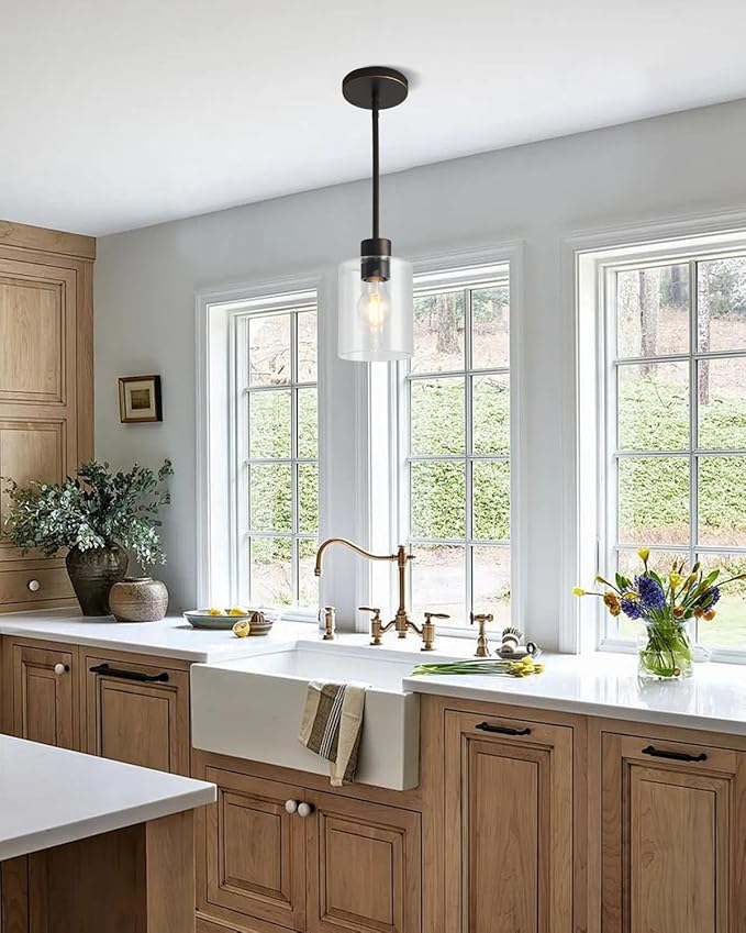 Brown and Gold Pendant Lights Kitchen Island - Clear Glass Pendant Light Fixture Multiple Stems Rods 3 Units 12 Inch 3 Units 4 Inch (2 Pack Brown and Gold Downrod)