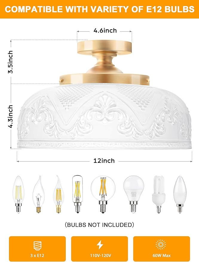 Semi Flush Mount Ceiling Light, 12 Inch Large Gold Ceiling Light Fixture, 3-Light Globe White Glass Farmhouse Kitchen Lighting Fixtures for Bathroom, Hallway, Dining Room (Bulb Not Included)