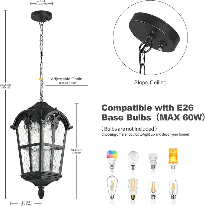 Dusk to Dawn Outdoor Pendant Lights for Porch Hallway Patio, Black Aluminium Exterior Hanging Light Fixture, Outside Waterproof Hanging Lantern Light, Height Adjustable Outdoor Pendant Lamp