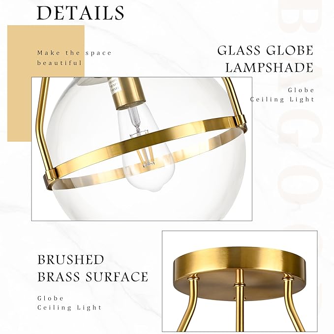Bagood 10" Semi Flush Mount Ceiling Light with Clear Glass Shade Mid Century Ceiling Light Modern Gold Globe Semi Flush Mount Ceiling Light Fixture for Bedroom Hallway Bathroom Foyer (Bulb Incl.)
