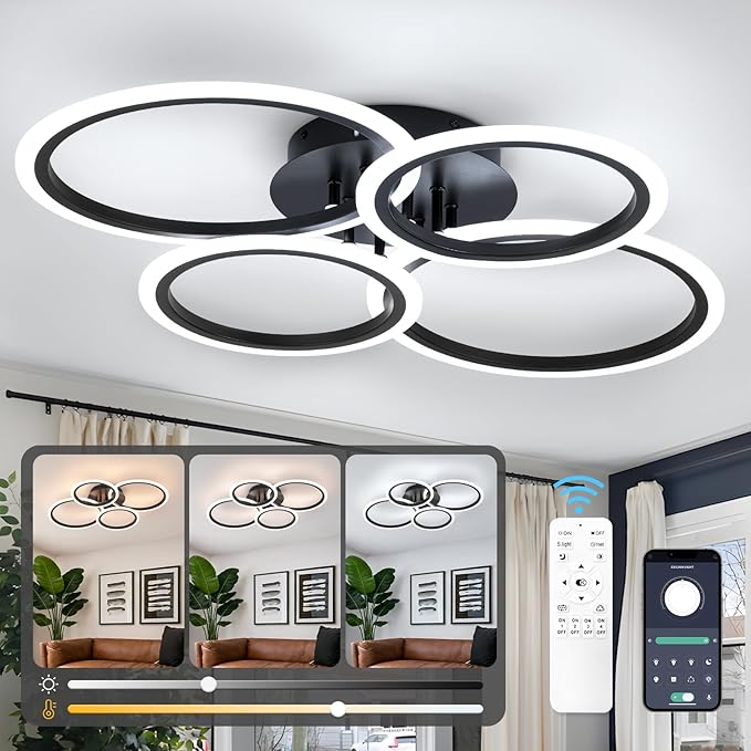 Black Modern Ceiling Light, 4 Rings Dimmable Flush Mount Ceiling Light with Remote, Acrylic Close to Ceiling Lighting Fixture for Dining Room Living Room Bedroom Kitchen (Black, 4 Heads)