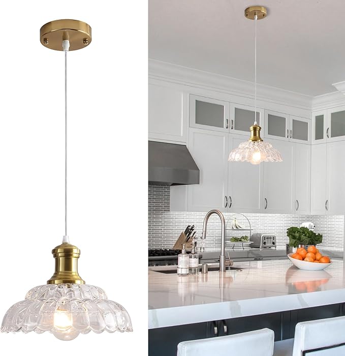 Antique Pendant Light, Gold Pendant Light with Flower Clear Glass Shade, Vintage Pendant Light Fixture for Kitchen Island, Dining Room, Bedroom, Living Room, Entryway, Hallway