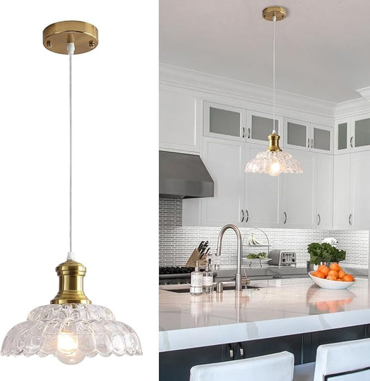 Antique Pendant Light, Gold Pendant Light with Flower Clear Glass Shade, Vintage Pendant Light Fixture for Kitchen Island, Dining Room, Bedroom, Living Room, Entryway, Hallway