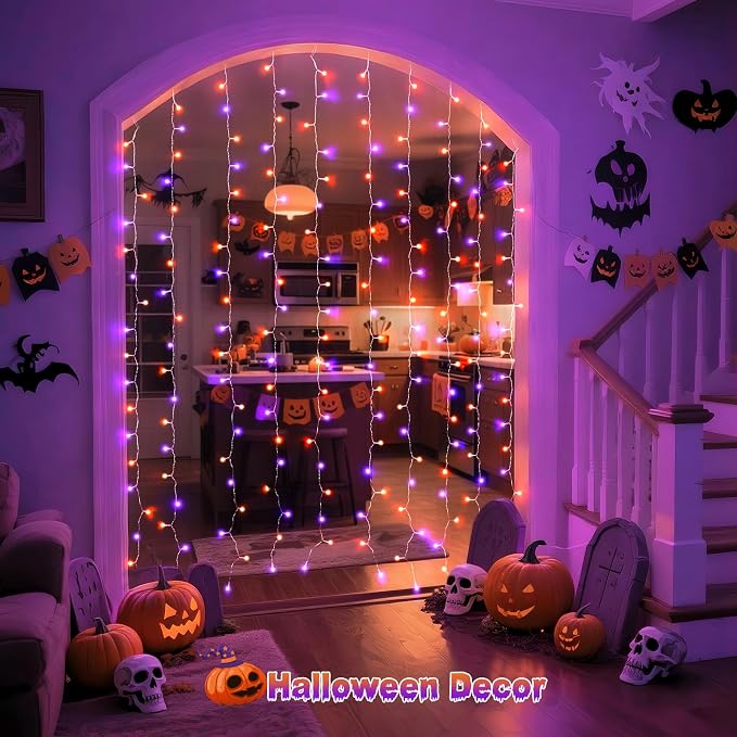 JMEXSUSS 200 LED Orange & Purple Halloween Curtain Lights Battery and USB Operated with Remote, 8 Modes Hanging String Lights for Bedroom, Halloween Lights Indoor Outdoor for Backdrop Party Decor