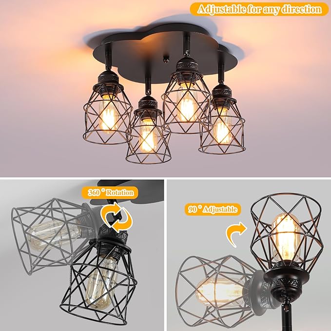 Kitchen Light Fixtures Ceiling Mount, Adjustable Semi Flush Mount Ceiling Light, Multi-Directional Lamp for Kitchen, Hallway, Dining Room, Farmhouse with E26 Base (Black 4-Light)