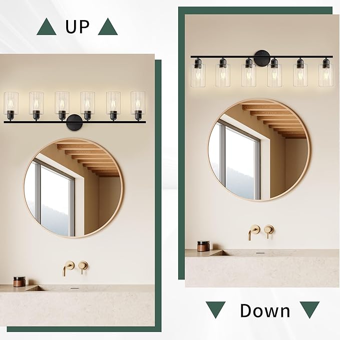Espird 6 Lights Bathroom Vanity Light Fixtures Matte Black,Rustic Farmhouse Vanity Lighting Over Mirror Modern Industrial Lamp with Cylinder Glass Shade UL Certified