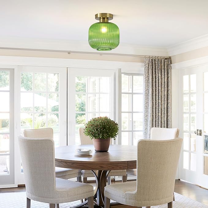 BOKT Modern Semi Flush Mount Ceiling Light with Green Glass Shade Minimalism Gold Ceiling Light 7.9 Inch Close to Ceiling Lamp for Corridor Kitchen Living Room