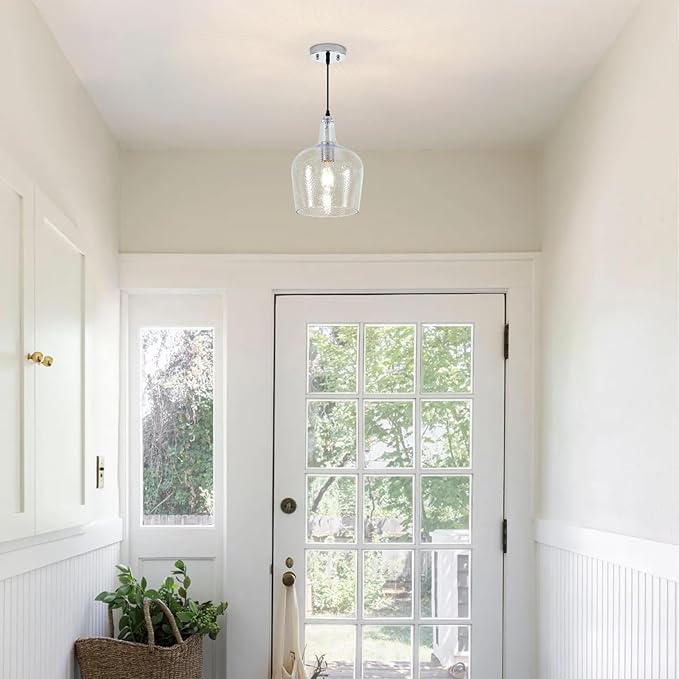 9.25”Chrome Hammered Glass Pendant Light Modern 1 Light Single Dome Pendent Lighting Fixtures for Kitchen Island Dining Room Hallway, UL Listed