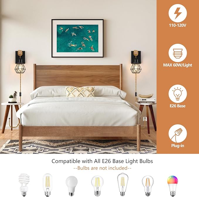 Lomoky Farmhouse Wood Wall Sconces with Plug in Cord, Black Wall Sconces Set of Two, Wall Lamps that Plug into Wall Outlet, Vintage Sconce Lighting Wall Decor for Bedroom Living Room, with 5.58FT Cord