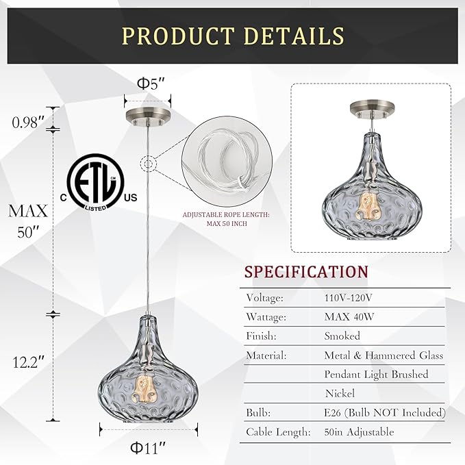 CATINER 11" Smoked Hammered Glass Pendant Light – Blown Glass Ceiling Fixture with Brushed Nickel Finish, Modern Industrial Lighting for Kitchen Island, Dining Room, Hallway, Living Room