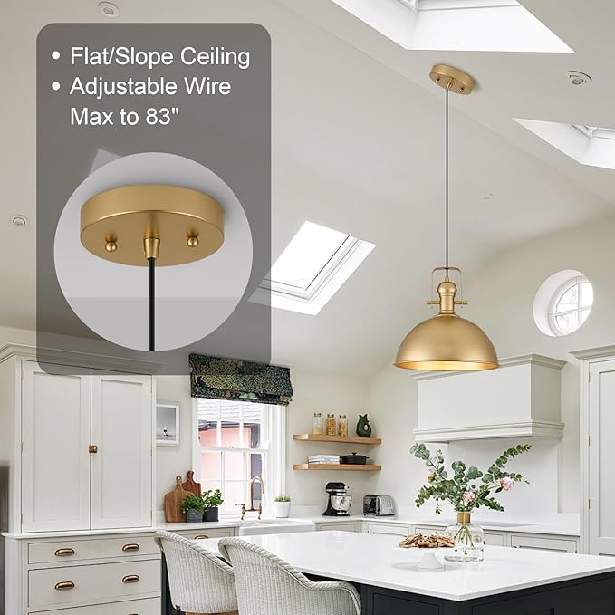 12 Inch Gold Farmhouse Pendant Lights Matte Pendant Lights for Kitchen Island Industrial Adjustable Height Vintage Dome Hanging Light Fixtures for Barn, Dining Room 3 Packs