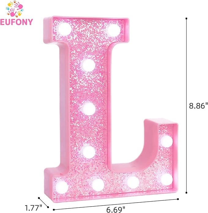Pink Marquee Light Up Letters, Glitter Alphabet LED Letter Lights for Pink Birthday Party Decorations, Battery Operated Letter Sign for Girls Room Vanity Table Decor, Cool White Lights Letter L