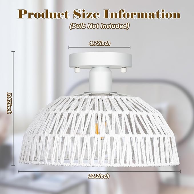 Rattan Ceiling Light Fixtures 2 Packs-White Rustic Woven Basket Flush Mount Ceiling Light, Handmade Wicker Ceiling Lamp, Rattan Chandelier For Kitchen Island, Hallway, Living Room, Bedroom, E26 Base
