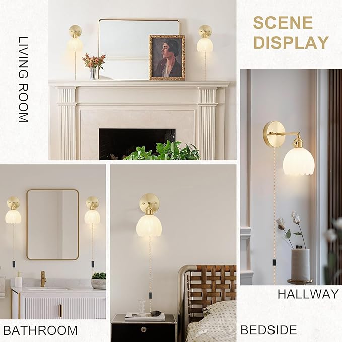 Plug in Wall Sconce, Vintage Sconce Light with Tulip Milk White Glass Lampshade, Bedside Wall Sconce with Switch and Plug in Wall Lamp Cord, Gold Wall Light for Bedroom