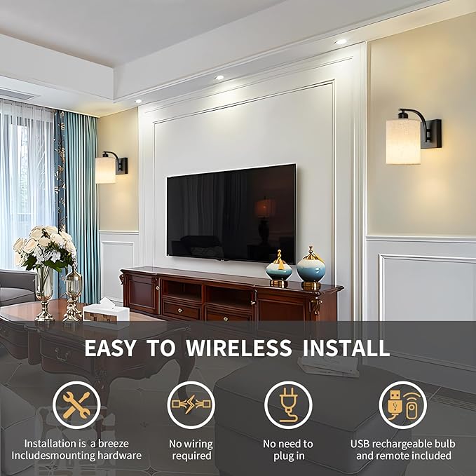 Powfloven Black Rechargeable Battery Operated Wall Sconces Set of 2 with Remote, Wireless Dimmable Battery Powered LED Wall Lights, Cordless Wall Lighting Lamp Fixture for Bedroom Living Room