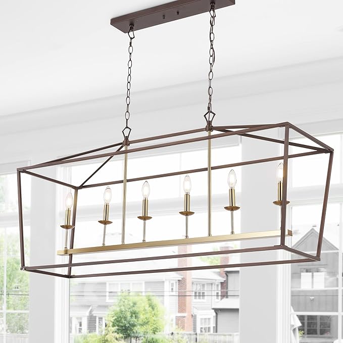 JONATHAN Y 49" Oil Rubbed Bronze/Brass Gold Lantern Pendant Light, 1-Light Pagoda Style Metal Cage Farmhouse Hanging Ceiling Fixture for Kitchen Island, LED Bulb Included (JYL7439D)