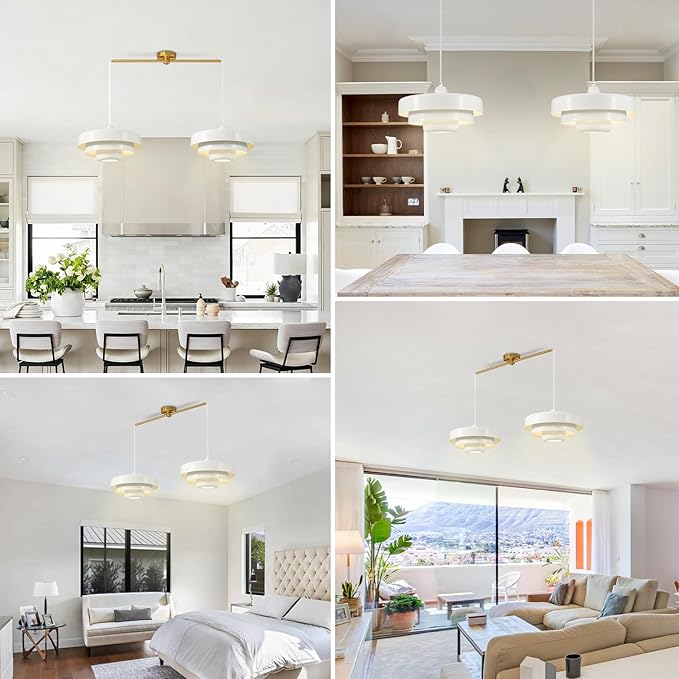 Farmhouse White Pendant Light, 2-Light Industrial Chandelier, Vintage Adjustable Hanging Lights for Kitchen Island, Dining Room, Bedroom, Entryway, Coffee Bar