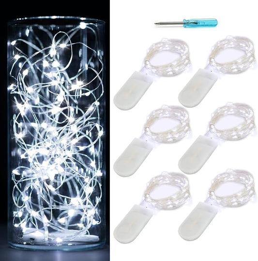 6Pack Fairy Lights Battery Operated,No Remote Firefly Light,7ft Cool White | 20 LEDs Starry String Lights, Waterproof Silvery Copper Wire Lights for Wedding Party Bedroom Patio Christmas Table Decor