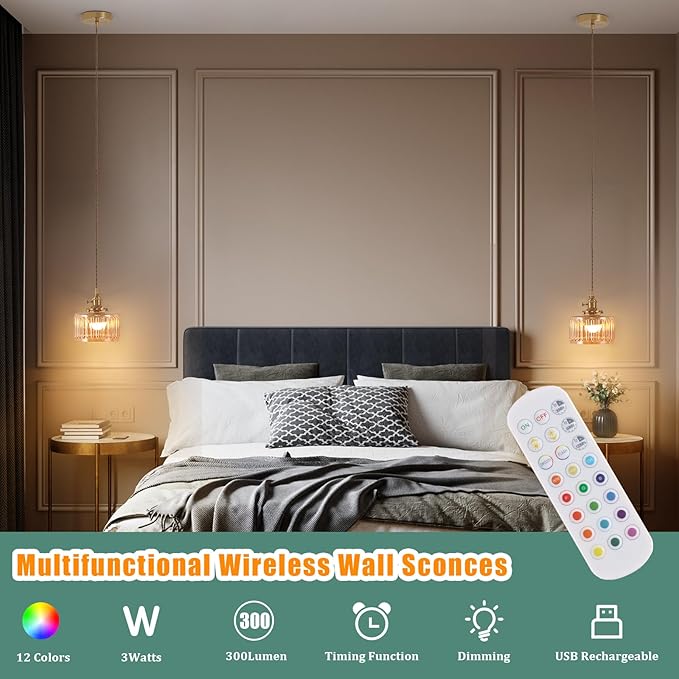 Shenmoyl Battery Operated Pendant Light 5000mAh Rechargeable Chandelier with Remote Control Wireless Adjustable Hanging Amber Striped Light for Kitchen Island Dining Room Hallway, 2 Pack
