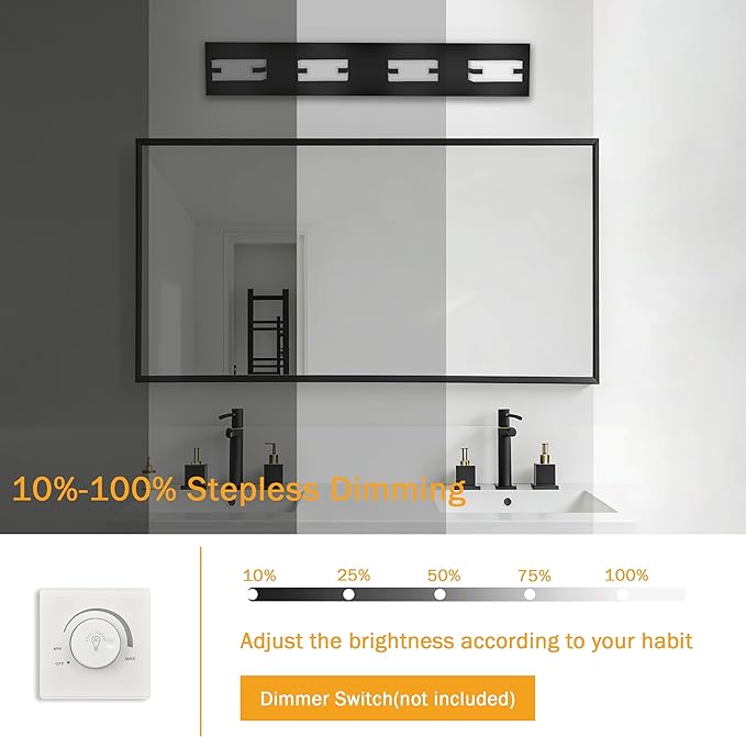LED Bathroom Light Fixtures, 4-Light Modern Vanity Lights with Milky White Frosted Acrylic Shades, Matte Black Bathroom Lighting Fixtures Over Mirror, ETL Listed, 27W 5CCT Adjustable