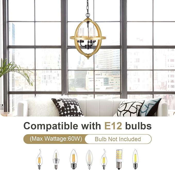 Treekee Rustic Chandelier, 14" Gold Glass Cover Luxurious Hanging Light, 3-Light Globe Vintage Pendant Ceiling Light Fixtures for Living Room Entryway Dining Room