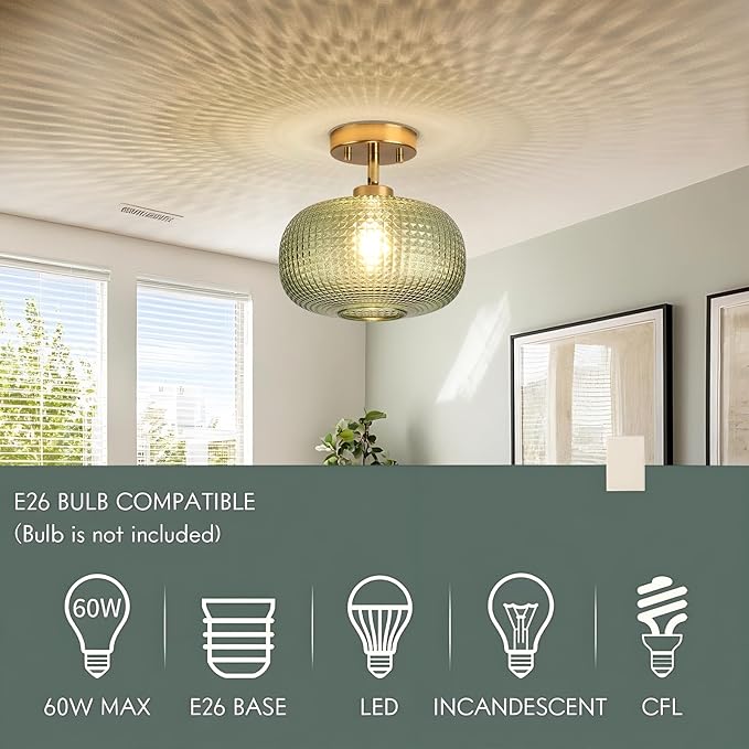 Modern Semi Flush Mount Ceiling Light, Vintage Green Glass Shade with Adjustable Hanging Gold Sloped Ceiling Lights Fixtures for Hallway Entryway Kitchen Bedroom Laundry Room,1-Light,9.84 Inch