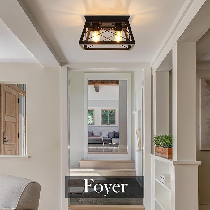 Farmhouse 4-Light Metal-Framed Industrial Kitchen Ceiling Lights - Black Flush Mount for Dining Room, Kitchen, Bedroom, Hallway, Foyer, Living Room, Laundry
