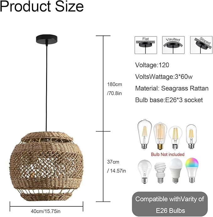 15.75" Rattan Pendant Light 3-Light Boho Seagrass Hanging Light Hand Woven Water Plants Rattan Chandelier for Dining Living Bedroom Kitchen Farmhouse