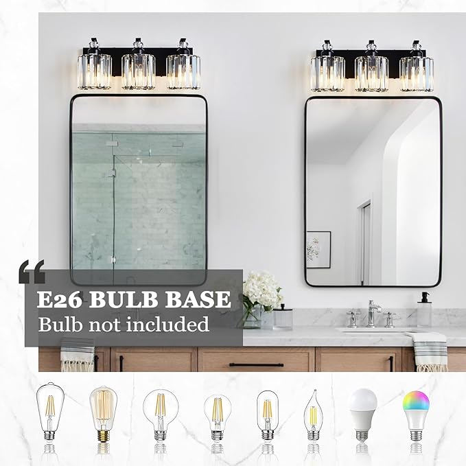 3-Light Black Bathroom Light Fixture Modern Vanity Lights Over Mirror Vintage Wall Sconce Lighting for Bathroom, Bedroom, Living Room, Hallway E26 Base with Crystal Bathroom Vanity Light