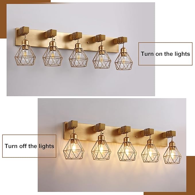 Farmhouse Bathroom Light Fixtures, 5-Light Gold Bathroom Vanity Light, Rustic Matte Antique Brass Finish with Metal Lampshade, Wall Sconces for Bedroom, Living Room, Hallway