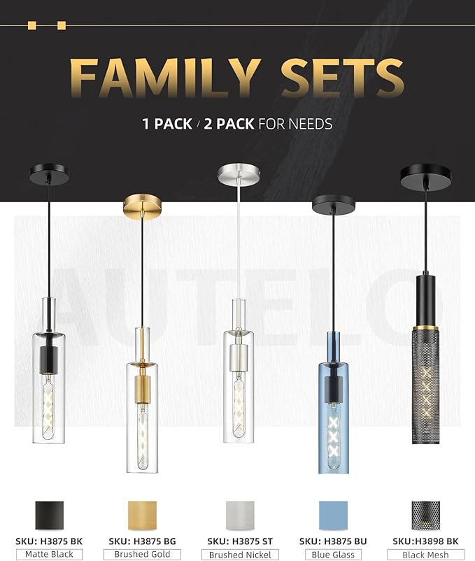 AUTELO Black Pendant Lights Kitchen Island, Farmhouse Mesh Pendant Lights in Black and Gold Finish, 1-Light Hanging Lamp in Metal Frame, Pendant Light Fixture for Kitchen Island Dining Room, H3898 BK