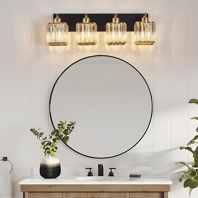 Modern Crystal Bathroom Vanity Light 4-Lights Modern Black Gold Crystal Bathroom Wall Light Over Mirror Vanity Light Fixtures